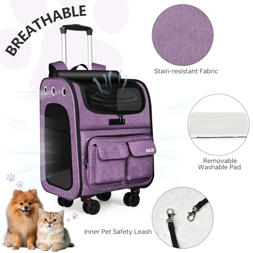 MGB Rolling Cat Carrier with Wheels: Dog Carrier for Small Dogs & Large Cats, Large Cat Carrier with YKK Zipper, Large Capacity, Breathable Mesh, Side Pocket, Purple (Not for Airline) - color: Purple