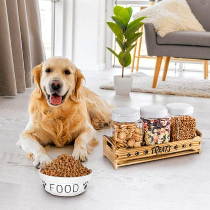 Tlence Dog Treats Container with 3 Plastic Jars, Dog Food Storage Canister with Wooden Stand, Airtight Pet Treat Holder for Dogs and Cats, Dog Snacks Treat Organizer with Scoop for Kitchen Counter