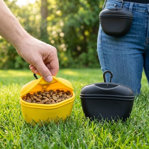 2 Pack Silicone Dog Treat Pouch with Magnetic Closure Hands-Free Training Bag with Belt Clip for Walking Agility Easy Clean Pet Snack Holder-Black Yellow - color: BLK-YLW