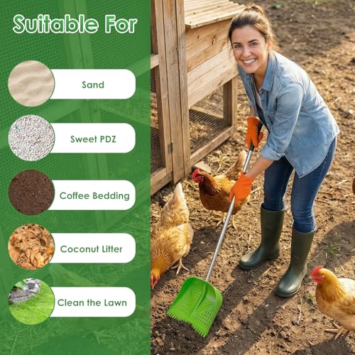Thiswing Chicken Poop Scooper & Rake 2-in-1, Adjustable Handle Length from 38" to 66", Features Manure Sifting Capability – Ideal for Chicken Coops and Farm Animal Cleaning (Green)