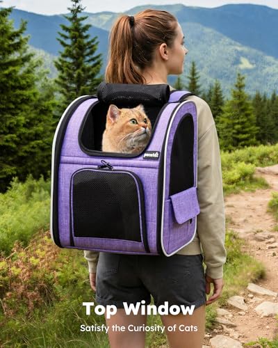 pecute Cat Backpack Expandable, Cat Carrier with Breathable Window - color: Purple, size: 12.6"L x 10.2"W x 16.5"H