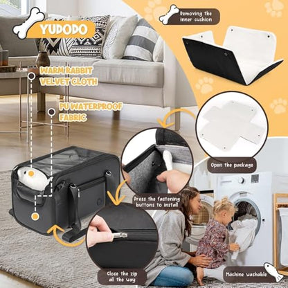 YUDODO 10-18lbs Large Console Dog Car Seat (Width＞9.5in) Fits Truck & SUV, Luxury Puppy Cat Travel Portable Booster Seat with Removable Velvet Cushion, Anti-Slip Pet Car Bed Carseat PU Leather Black - color: Black with Cushion, size: L (Truck SUV) (10-18l