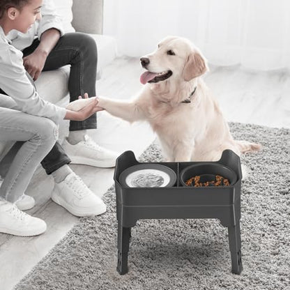 4-in-1 Elevated Slow Feeder Dog Bowls, 4 Height Adjustable Mess Proof Raised Dog Bowl Stand with No Spill Dog Water Bowl, Stainless Steel Dog Food Bowl & Slow Feeder for Large Medium Small Dogs Pets - color: Grey, size: Water Bowl + Stainless Steel Bowl +