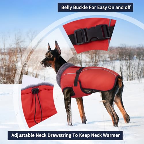 IECOii Extra Warm Dog Coat - Reflective, Adjustable Winter Jacket with Buckle & Turtleneck for Small to Extra Large Dogs - color: Pure Red, size: Small(Chest:12.6-16.5 in)