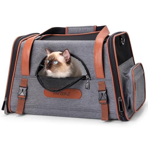 Heavy-Duty Premium Pet Carrier, Medium to Large Cat Carrying Bag with Seatbelt Strap Car Travel, Top & Side Load Crate Durable Foldable Kennel Cage for Small Dogs Under 10 lbs Leather