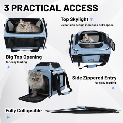 Cat Carrier Top-Expandable 18x11x11, United Delta American Airline Approved Dog Carrier, Soft Pet Carry-On Bag Underseat in Cabin, Puppy Air Travel Crate Kitten TSA Plane Carrying Case Blue - color: Blue