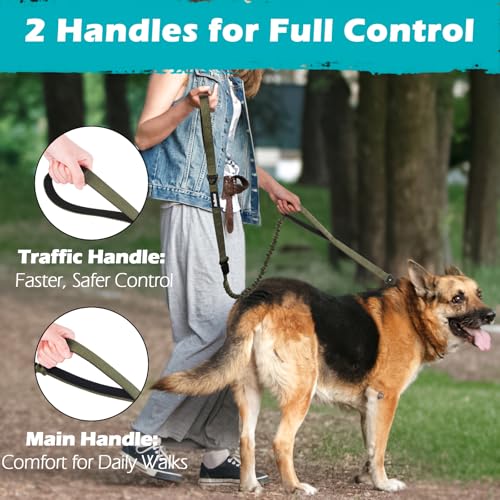PetBonus Heavy Duty Tactical Dog Leash, 5 FT Bungee Shock Absorption Leash with 2 Padded Handles, Quick Release Metal Clip, Car Seatbelt, No Pull Training Lead for Large Medium Dogs（Army Green） - color: Army Green