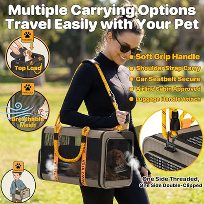 PAWZIDEA Expandable Pet Carrier Airline Approved, 18"×11"×11" Small Dog Carriers, Collapsible Top-Load Cat Carrier for 2 Cats Under Seat, Soft-Sided Puppy & Animal Travel Bag, ID Card, Up to 15lbs - color: Khaki Plaid, size: 18.0"L x 11.0"W x 11.0"H