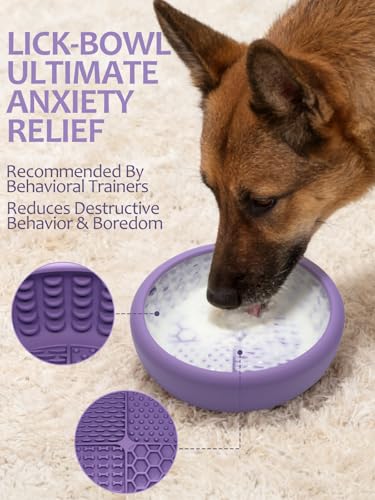Dog Lick Bowl for Large Dogs, Lick Mat, Slow Feeder Lick Bowl with Brush and Scraper,Strong Suction, Freeze Licking Bowl for Anxiety Relief, Enrichment & Distraction, Dishwasher Safe 7.6 * 3.5 inch - color: Purple