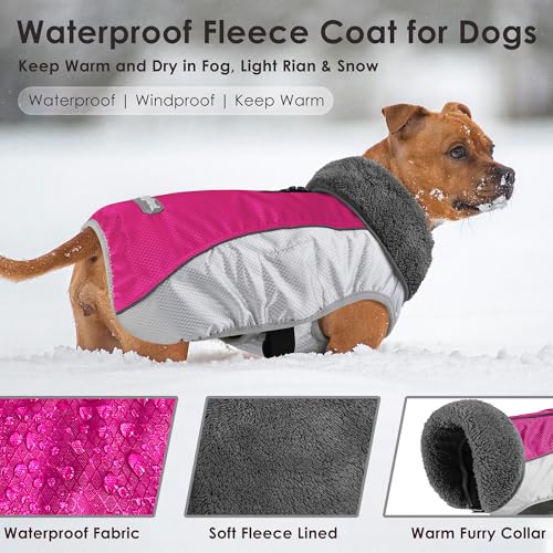 Petglad Dog Coat, Waterproof Ripstop Dog Winter Jacket with Leash Hole, Reflective Adjustable Warm Pet Fleece Snow Sweater for Small Medium Large Dogs - Rosy Red, M - color: Rosy Red, size: M