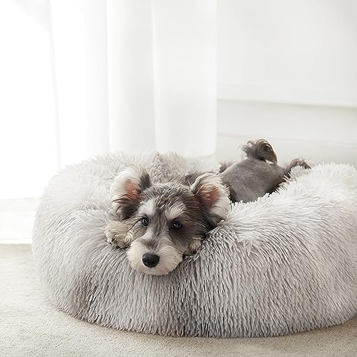 WESTERN HOME WH Calming Dog & Cat Bed, Anti-Anxiety Donut Cuddler Warming Cozy Soft Round Bed, Fluffy Faux Fur Plush Cushion Bed for Small Medium Dogs and Cats (20"/24"/27"/30"), White Grey - color: White Grey, size: 27.0"l x 27.0"w x 8.0"th