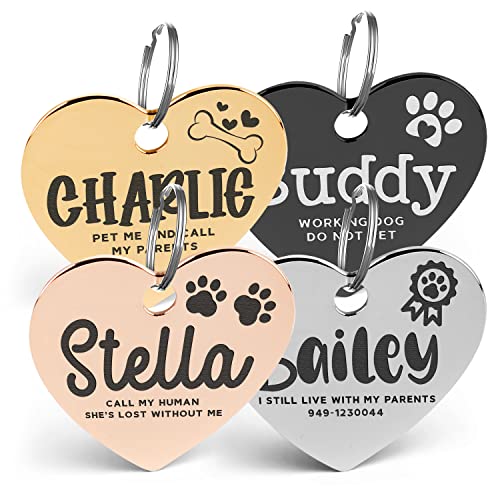 Engraved Pet ID Tags for Cats, Dogs - 4 Color & 5 Shape Options, Personalized w/ 20 Icons, Name, Address, Phone Number - Accessories for Four Legged Friends, Stainless Steel #Heart - Silver - style: Heart