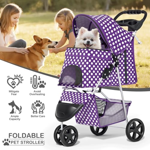 MoNiBloom 3 Wheels Pet Dog Cat Stroller for Small Medium Dogs Cats, Foldable Jogger Stroller w/Storage Basket and Cup Holder, Purple Polka Dots - color: Purple Polka Dots