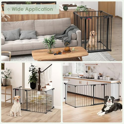 SMONTER Freestanding Dog Gate with Door Walk Through, 102" Extra Wide Foldable Dog Fence, 4 Panels 29" Tall Metal Pet Gate for Stairs, Hallways - size: 4 Panels 102" W x 29" H