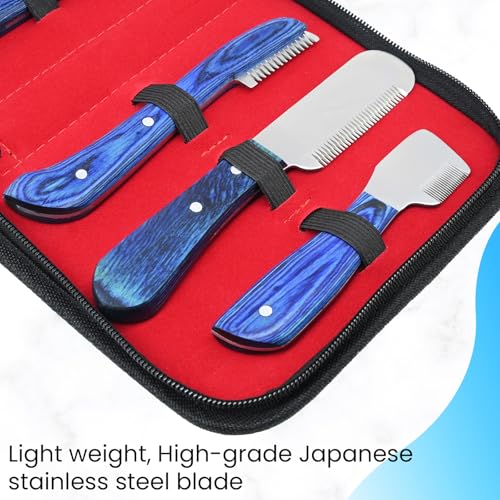 Dog Grooming Stripping Knife Set – 6-Piece Stainless Steel Hand Stripping Tools with Wooden Handles – Coarse, Medium, Fine & Extra-Fine Knives for Dogs, Cats & Wire-Coated Pets (Blue) - color: Blue