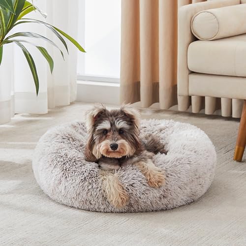 WESTERN HOME WH Calming Dog & Cat Donut Cuddler, Anti-Anxiety Warming Cozy Soft Round Bed, Fluffy Faux Fur Plush Cushion for Small Medium Dogs and Cats (20"/24"/27"/30") - color: White Khaki, size: 24.0"l x 24.0"w x 7.0"th