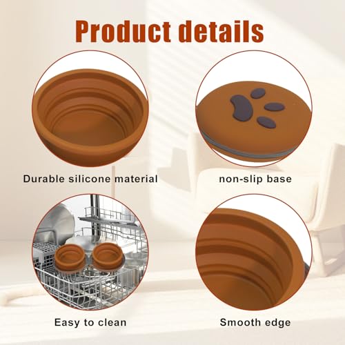 Collapsible Dog Bowl 2-in-1 Travel Portable Silicone Carabiner,Brown | food & water use, folds flat, compact storage, camping, hiking, everyday walks, carabiner clip included - color: A-Brown