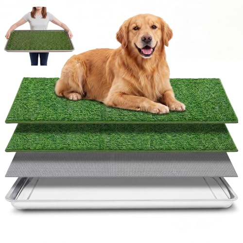 Mifoci 4 Pcs Dog Pee Tray, 31.5" x 19.6" Stainless Steel Dog Toilet, Comes with 2 Grass Mats and 1 Drainage Mat - Durable, Rust-Proof, Easy to Clean Toilet for Large Indoor Outdoor Use