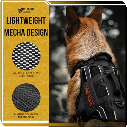 OneTigris Tactical Dog Harness for Large Dogs, Adjustable Tactical Dog Harness with Handles, Reflective Vest Heavy Duty & Breathable Military Assistance Vest with No Pull Buckle, Black - color: Black, size: Medium