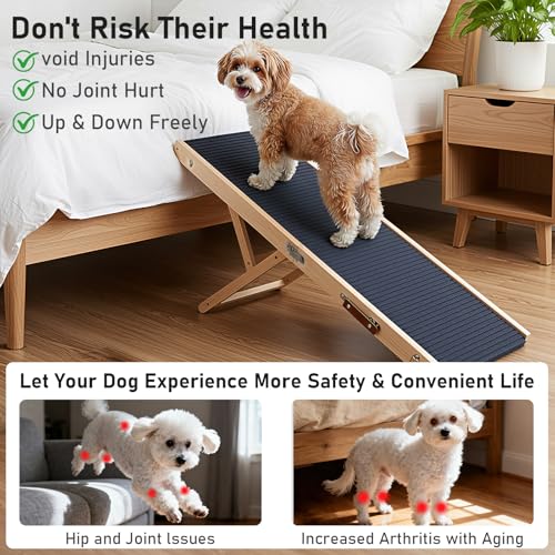 Wooden Dog Ramp for Couch High Bed, Non Slip Pet Ramps for Small Dogs and Cat with 6 Adjustable Height from 11.02'' to 25.2'', Portable 55.12'' Long Foldable Ramp for Dogs to Get on Bed Car - size: 140CM Long