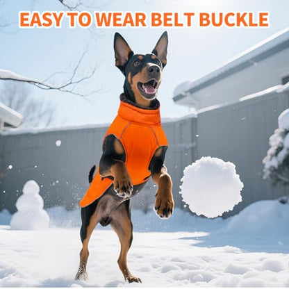 DENTRUN Warm Dog Winter Coat, Easy On Reflective Turtleneck Fleece Jacket | Adjustable buckle, easy on off, windproof & water-repellent, thick fleece snowsuit, outfit fits small to large breeds - color: Orange, size: Medium