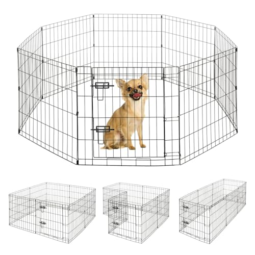 BOWHAUS Foldable Outdoor/Indoor Pet Playpen with Gate, Available in 24 Inch Height Metal Portable Kennel, Heavy-Duty Exercise Fence Cage 8 Panels for Small Dog, Animals - style: 24 Inch
