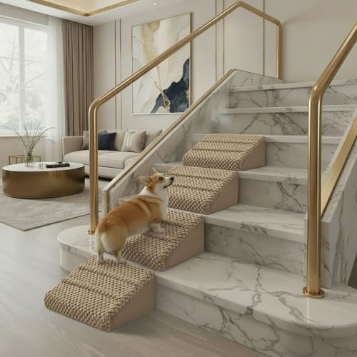Dog Ramp for Stairs - Anti-Slip Foam Stair Wedges for Small & Senior Dogs, Cats, Gentle Slope Pet Steps with Washable Corduroy Cover, Self-Sticky Pads for Safe Climbing (Khaki-4 Pack) - color: Khaki-4 PACK