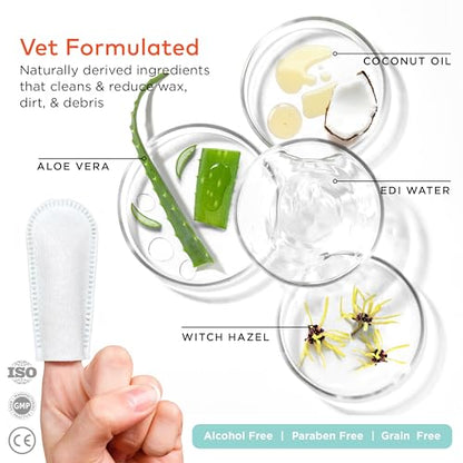 ARCA PET Dog Ear Cleaner Wipes - Vet Formulated Cleanser for Dogs - Ear Itching, Dissolves Wax, Dirt & Odor with Coconut Oil & Aloe Vera (50 Finger Wipes)