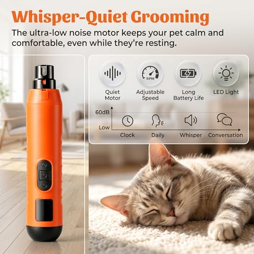 Dog Nail Grinder Quiet, 5-Speed Pet Nail Grinder with LED Light, Rechargeable Electric Dog Nail Trimmer for Small Medium Large Dogs & Cats, 2 Replacement Heads, Orange