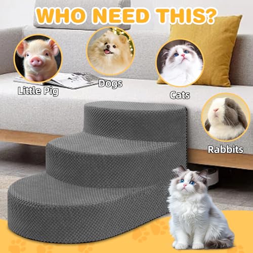 Dog Stairs 3 Steps Foam Pet Ramp for Small Dogs Cats, Grey | Non-slip foam stairs with washable cover, ideal for beds & sofas. Sturdy, safe & easy to clean. - color: Gray-3-Step