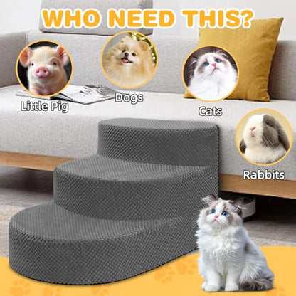 Dog Stairs 3 Steps Foam Pet Ramp for Small Dogs Cats, Grey | Non-slip foam stairs with washable cover, ideal for beds & sofas. Sturdy, safe & easy to clean. - color: Gray-3-Step