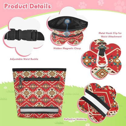 Boho Tribal Aztec Dog Treat Pouch with Magnetic Closure - Water Resistant Reflective Treat Bag for Pet Training, Walking, Portable Dog Treat Pouch, 3 Ways to Wear