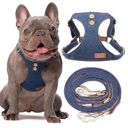 No Pull xs Dog Harness with Multifunction Dog Leash,Soft Adjustable No Choke Escape Proof Pet Harness Vest,Denim Blue,XS - color: Button-Denim Blue, size: XS