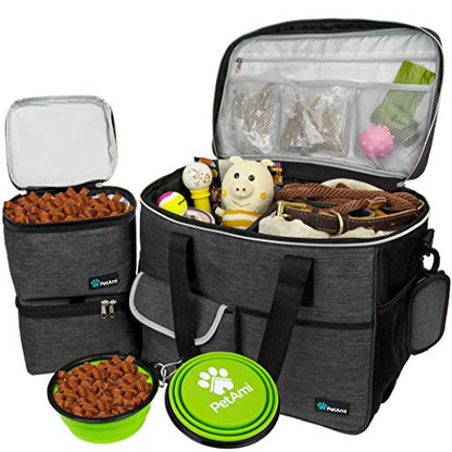 PetAmi Dog Travel Bag Organizer, Pet Travel Kit with 2 Food Containers & 2 Collapsible Dog Bowls, Pet Supplies Tote with Luggage Sleeve, Weekend Road Trip Camping Essentials, Dark Gray, Large - color: Charcoal, size: Large - 15.5"L x 9.5"W x 14.0"H