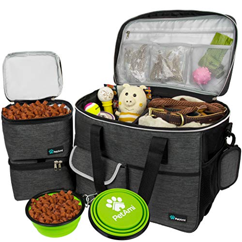 PetAmi Dog Travel Bag Organizer, Pet Travel Kit with 2 Food Containers & 2 Collapsible Dog Bowls, Pet Supplies Tote with Luggage Sleeve, Weekend Road Trip Camping Essentials, Dark Gray, Large - color: Charcoal, size: Large - 15.5"L x 9.5"W x 14.0"H