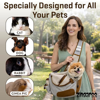 Hands-Free Sling Pet Carrier for Cats and Small Dogs up to 7lbs – Travel Set Includes Foldable Water Bowl & ID Card – Breathable Mesh, Safety Hook & Adjustable Padded Strap for Walking & Travel - color: Beige