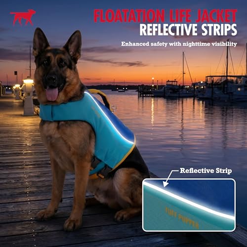 Tuff Pupper Dog Life Jacket | High Buoyancy Dog Swim Vest with Rescue Handle | Adjustable Secure Fit | Reflective Safety Trim | Pet Flotation Jacket for Swimming Boating Kayaking (Blue/Yellow, XL) - size: X-Large
