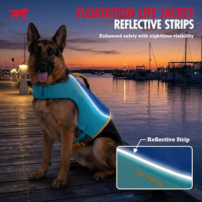 Tuff Pupper Dog Life Jacket | High Buoyancy Dog Swim Vest with Rescue Handle | Adjustable Secure Fit | Reflective Safety Trim | Pet Flotation Jacket for Swimming Boating Kayaking (Blue/Yellow, XL) - size: X-Large