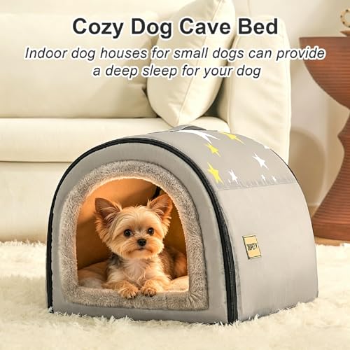 Jiupety Cozy Small Pet Dog House, 2 in 1 Puppy House, S Size for Cat and Puppy, Warm Cave Sleeping Nest for Cats and Dogs, S(14"×12"×11"), Up to 5 Lb, Grey - style: S
