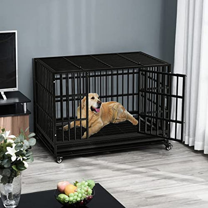 LEMBERI 48" Heavy Duty Dog Crate, Indestructible Escape-Proof Cage Kennel for Large Dogs, High Anxiety Dog Crate with Removable Wire Trays & Lockable Wheels, Extra Large XL XXL, Black - color: Black, size: 47.2"L x 30.7"W x 36"H