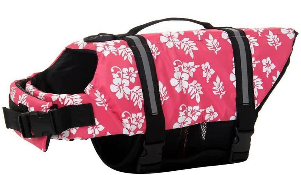 Izefia Dog Life Jacket Swimming Safety Coat Floatation Life Vest Life Saver with Handle for Small Dog Puppy Large Dog (Pink Flower, XXS) - color: Pink Flower, size: XX-Small