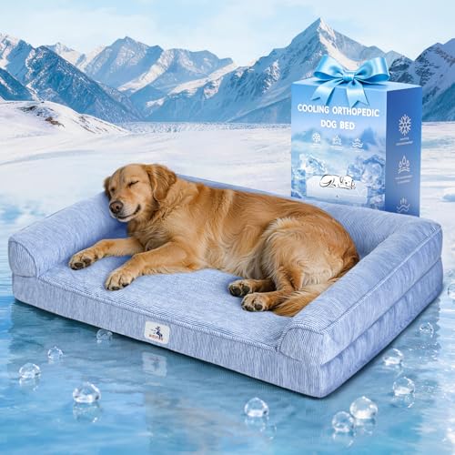 Cooling Dog Bed for Large Dogs, Orthopedic Dog Bed with Pillow Memory Foam Waterproof Couch Removable Cover Washable Nylon Pet Sofa with Non Slip Bottom Indoor Outdoor (42" Blue) - color: Glacier Blue, size: 42x30x7inch
