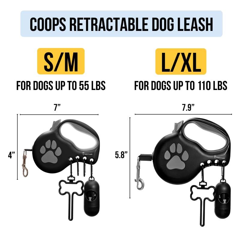 Retractable Dog Leash for Large & Extra Large Dogs (Up to 110lbs) - Customizable, Patented, Reflective Design, Ergonomic Handle, Includes Hooks & Poop Bag Holder & Dispenser - Black - color: Black, size: L/XL - Up to 110 Lbs