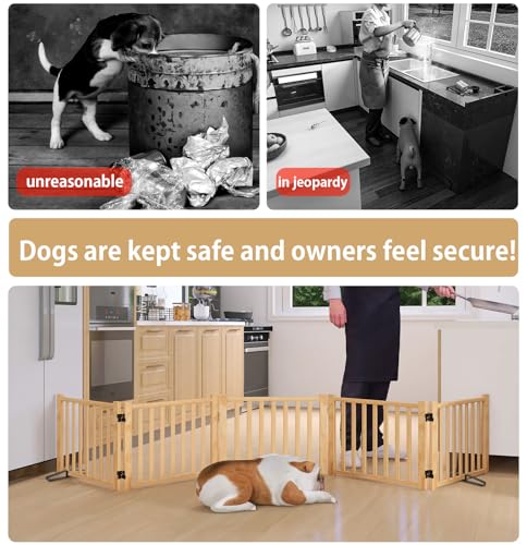 Wooden Freestanding Dog Gate Indoor, 16.9" H No-Painted Foldable Dog Gates, Portable Doggy Gate for Stairs Doorways- 5 Panels - size: 【5 Panels】H:16.9"