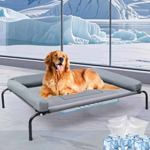 42''Cooling Elevated Dog Bed with Pillow,Outdoor Indoor Raised Dogs Bed with Six Support Feet,Breathable Dog Cot Beds Teslin Medium Large Size Dogs,Pet Hammock Beds, Pet Beds with 4 Ice Pack(Medium) - size: Medium(42.0"L x 26.0"W x 7.0"Th)