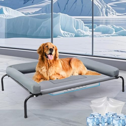 42''Cooling Elevated Dog Bed with Pillow,Outdoor Indoor Raised Dogs Bed with Six Support Feet,Breathable Dog Cot Beds Teslin Medium Large Size Dogs,Pet Hammock Beds, Pet Beds with 4 Ice Pack(Medium) - size: Medium(42.0"L x 26.0"W x 7.0"Th)