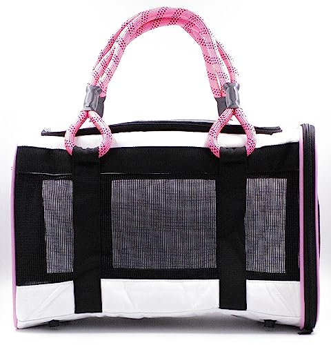 Buddy's Best Airline Approved Pet Carrier – White & Pink Heavy Duty, Fits Under Seat, TSA Compliant, Ventilated Mesh Design w/Waterproof Base & Reflective Safety Strips - color: White & Pink