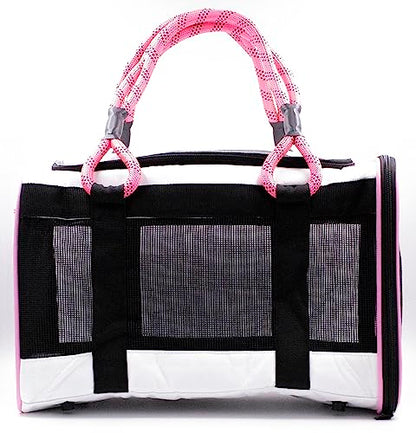 Buddy's Best Airline Approved Pet Carrier – White & Pink Heavy Duty, Fits Under Seat, TSA Compliant, Ventilated Mesh Design w/Waterproof Base & Reflective Safety Strips - color: White & Pink