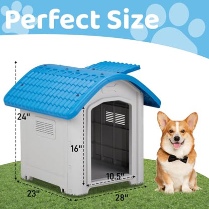 28 inch Raised Plastic Dog House, Outdoor Indoor Doghouse with Adjustable Sunroof and Elevated Base, Water Resistant Pet House Animal Puppy Shelter Kennel for Small Medium Dogs, Blue & White