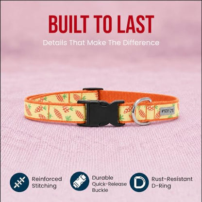 THE WORTHY DOG Spring Holiday Crazy Carrots Dog Collar – Durable Nylon, Woven Ribbon, Quick-Release Buckle, Nickel D-Ring – Green, X-Small - color: Crazy Carrots - Green, size: X Small